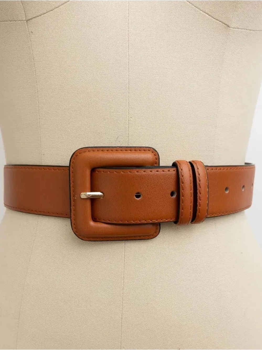 Wide Tan Leather Belt with Square Buckle